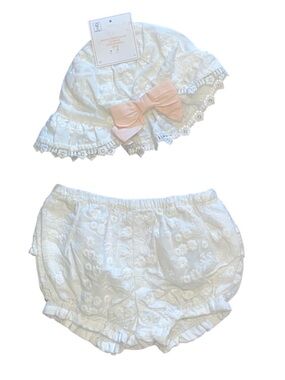 Shabby Chic White Lace Infant Girls Bonnet Ruffle Bloomers Set Pink Bow NWT 9 Mo